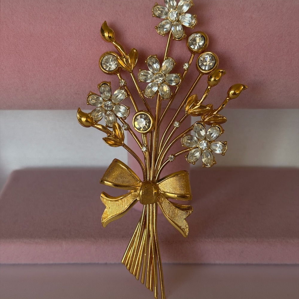 Vintage Signed St. John Crystal Flower Bouquet & Ribbon Bow Brooch